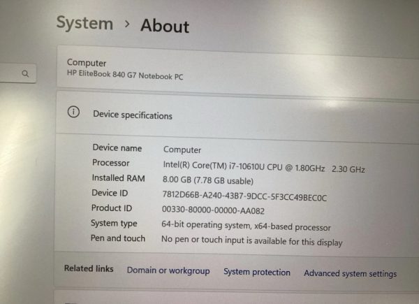 HP Elitebook 840 G7 14" (Core i7-10610U, 8GB 256GB SSD) Win11Pro (Very Good) - Image 4