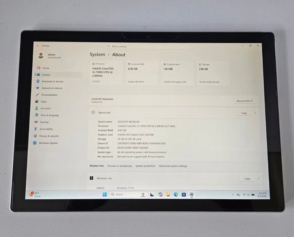 Microsoft Surface Pro 5 1796 Silver 12.3" Core i5-7300U 8GB RAM 256GB Win 11 Pro (Tablet Only) image 3