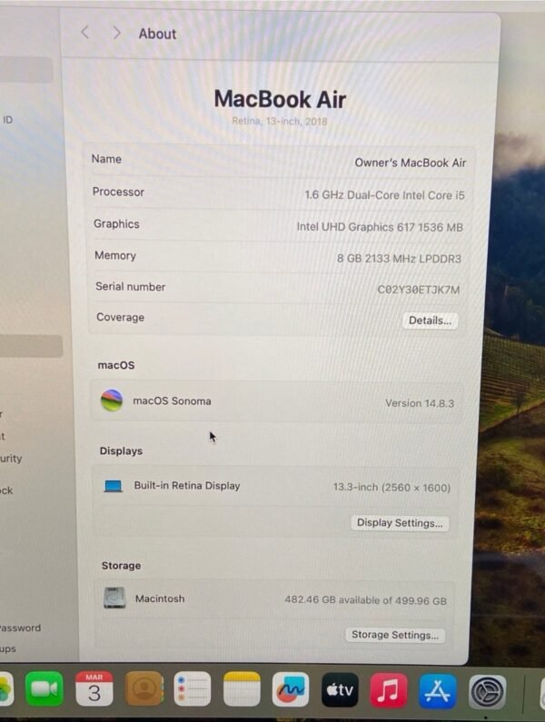 MacBook Air Late 2018 -Intel i5-8210Y, 16GB RAM, 512GB SSD, OSX Sonoma (Used) image 3